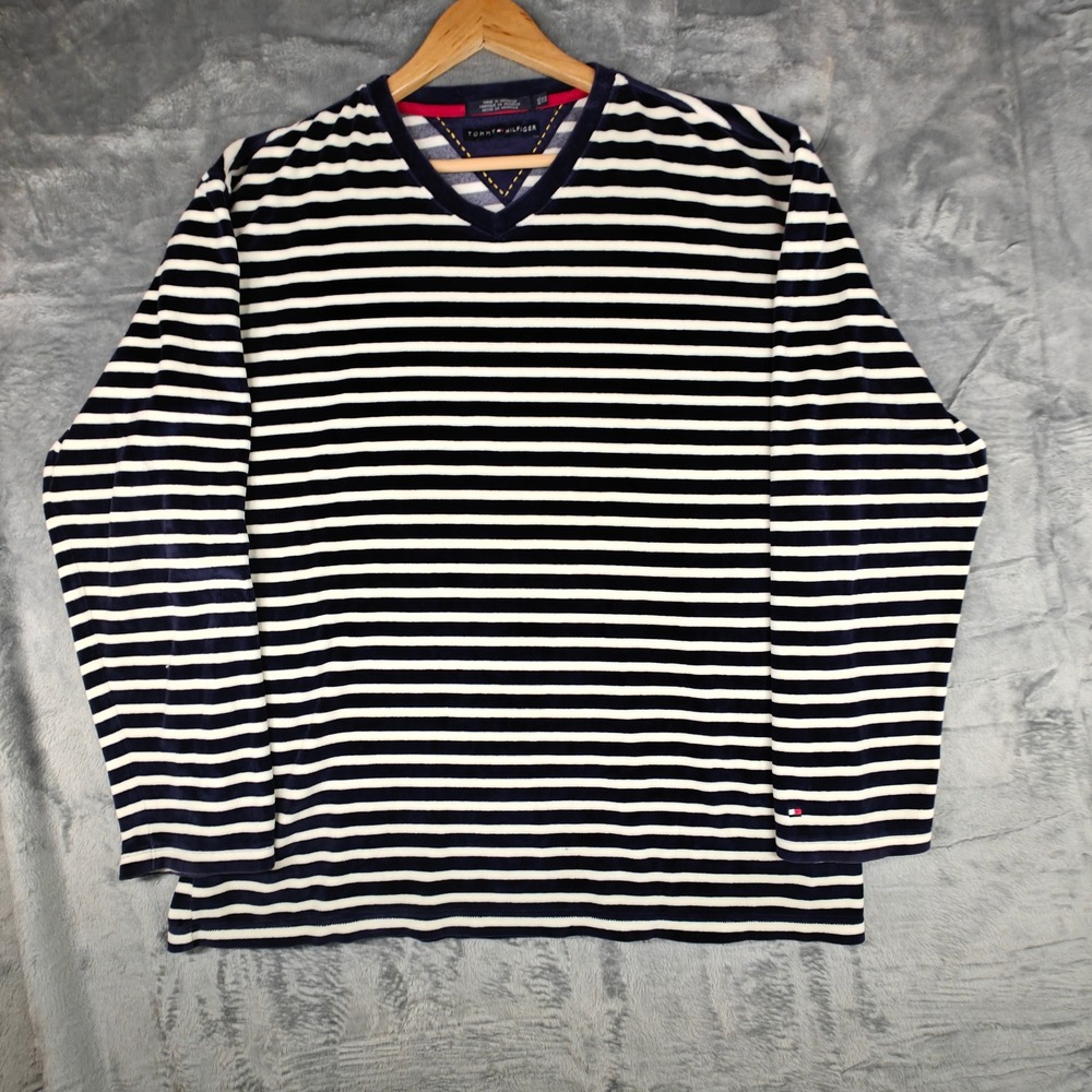 Vintage Tommy Hilfiger Velour Striped Shirt Mens XXL Navy White Y2K 2002 V-Neck